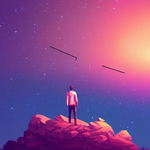 Image similar to a man standing on a cliff looking at the stars in the sky, a matte painting by alena aenami, unsplash, space art, outrun, synthwave, retrowave