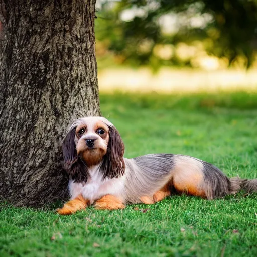 Prompt: a cute mutt who is half long haired dachshund and half shih tzu, brindle, laying under a tree on a farm, golden hour, promised land
