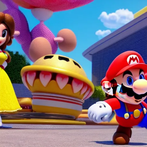 Image similar to super mario and hispanic princess peach spicy latina in pixar animated movie 4k octane render