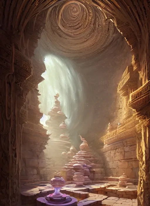 Image similar to a painting of an ancient underground dungeon temple, intricate, elegant, highly detailed, swirly magic ripples, pastel colors, digital matte painting, artstation, concept art, by greg manchess, huang guangjian, gil elvgren, sachin teng, greg rutkowski, jesper ejsing, ilya kuvshinov