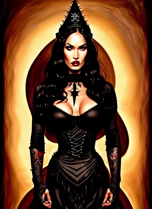 Image similar to megan fox witch queen, black eyes, blood, full body, intricate victorian dress, middle shot, cinematic lighting, studio quality, symmetrical eyes, artgerm, joshua middleton, rafael albuquerque, moody lighting, candles, art style by klimt, nixeu and ian sprigger and wlop and krenz cushart