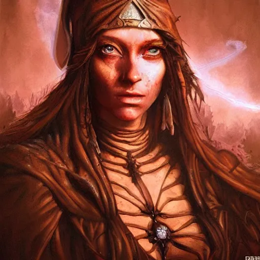 Prompt: a masterpiece oil painting of an Elf priestess, !dramatic, !female, !detailed, physically based rendering, ultra detailed, cinematic lighting, dark background by Dan Hillier