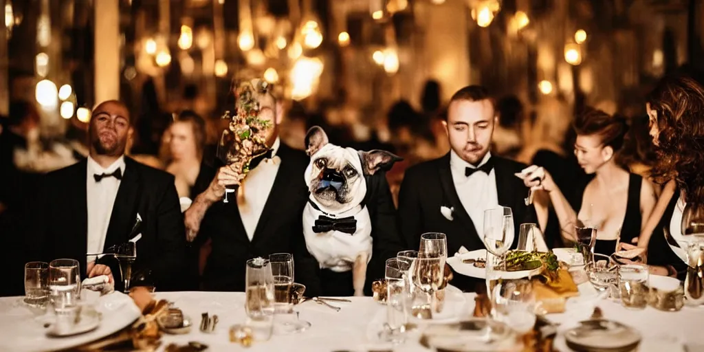 Image similar to dogs wearing suits and dresses eating dinner at a fancy restaurant, very atmospheric lighting, award winning photo, masterpiece