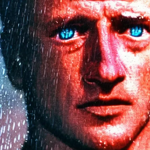 Prompt: a 3 5 mm close up photo of roy batty from blade runner, cyberpunk, head down rain drops on skin, tears in the rain, moody, cinematic, realistic, low light