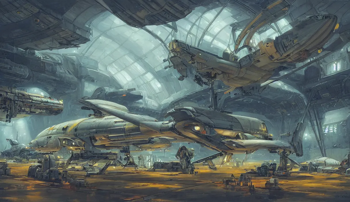 Image similar to a painting of a sci fi hangar, by jesper ejsing