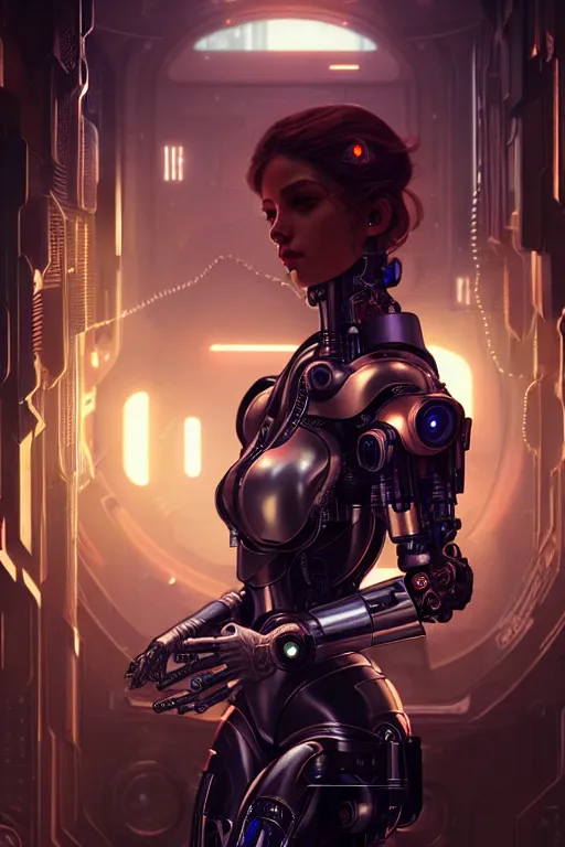 Image similar to ultra realistic, beautiful female cyborg in a crowded smoky cyberpunk club in space megalopolis, sci - fi, intricate details, eerie, highly detailed, octane render, 8 k, art by artgerm and alphonse mucha and greg rutkowski