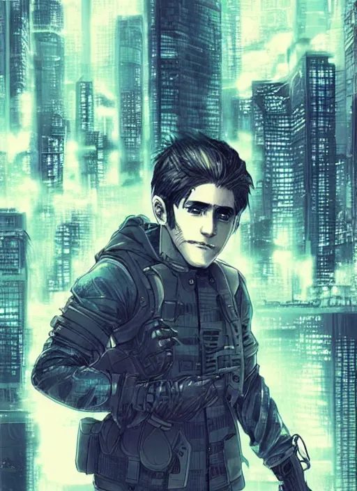 Prompt: manga cover, teenage jake gyllenhaal, techwear fashion, intricate cyberpunk city, emotional lighting, character illustration by tatsuki fujimoto