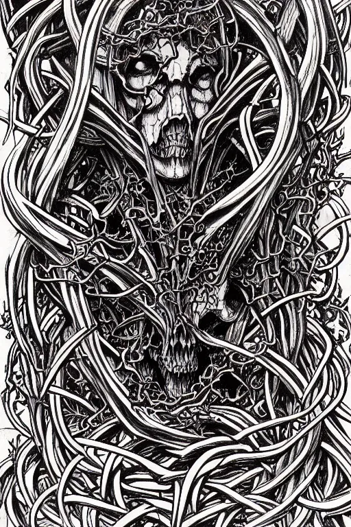 Prompt: illustration of a wooden wheel shaped demonic creature covered in bones and vines, intricate linework, in the style of moebius, ayami kojima, 1 9 9 0's anime, retro fantasy