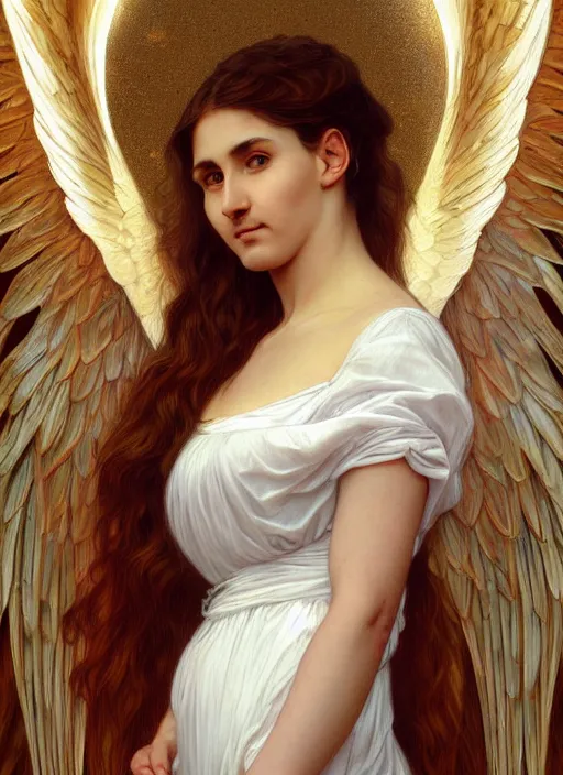 Image similar to portrait lionel messi angel, full length shot, shining, 8 k highly detailed, sharp focus, illustration, art by artgerm, mucha, bouguereau