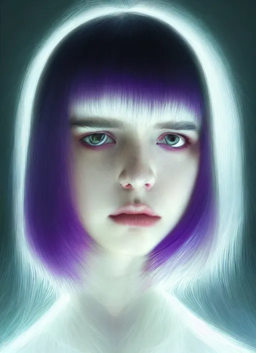 Image similar to hair whitebangs hair, black hair, whitebangs, portrait of teenage girl with white bangs, red irises, purple clothes, white bangs, bangs are different color from hair, intricate, elegant, glowing lights, highly detailed, digital painting, artstation, concept art, smooth, sharp focus, illustration, art by wlop, mars ravelo and greg rutkowski