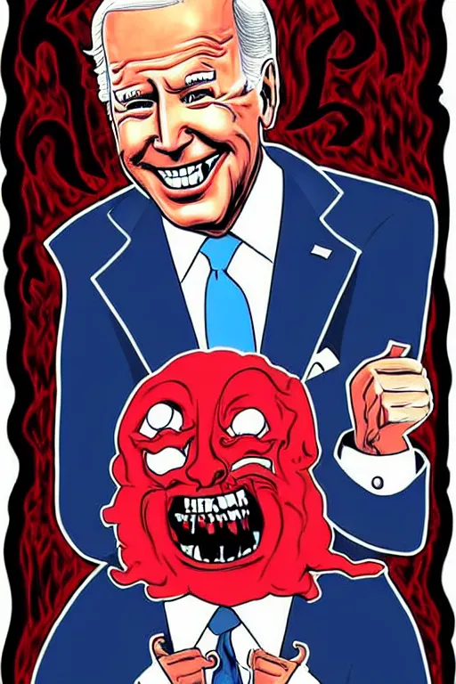 Image similar to joe biden!!!!! smile, creepy!, joe biden as satan!!! devil worshiper!!! art style ben garrison!!!!!!!!!!!!!!!! drawn by ben garrison, iconic, masterpiece, ornate and detailed, political cartoon