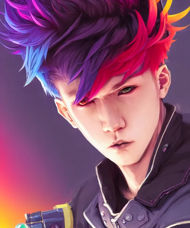 Image similar to character concept art of a cute cyberpunk boy with colorful hair and wolf ears | | cute - fine - face, pretty face, key visual, realistic shaded perfect face, fine details by stanley artgerm lau, wlop, rossdraws, james jean, andrei riabovitchev, marc simonetti, and sakimichan, trending on artstation