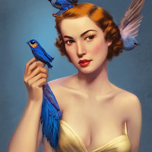 Image similar to hyper realistic painting, tasteful pinup girl holding an indigo bunting, bird, the bird is wearing a bowtie, by greg rutkowski, highly detailed, digital illustration, rossdraws, gil elvgren, enoch bolles, anime, porcelain skin, very coherent