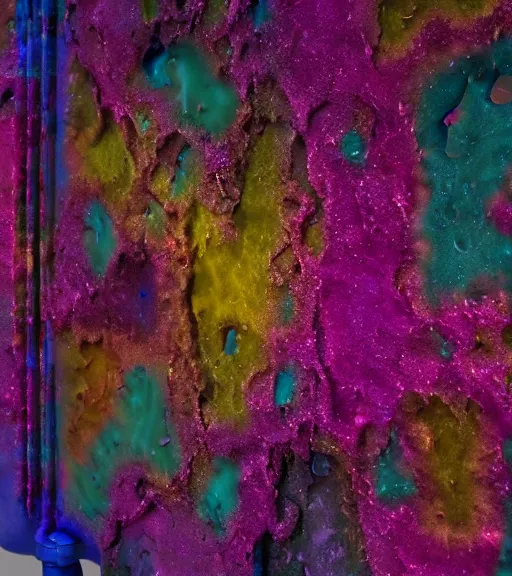 Image similar to mold corrosion abstract 3 d sculpture red purple green dark blue yellow cinematic lighting, highly detailed 8 k