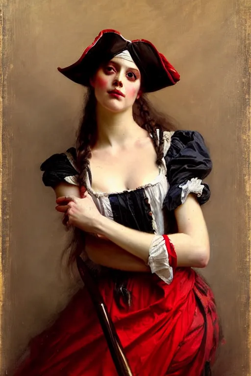 Image similar to solomon joseph solomon and richard schmid and jeremy lipking victorian genre painting portrait painting of a young beautiful woman traditional german french actress model pirate wench in fantasy costume, red background