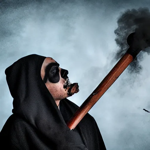 Prompt: the grim reaper exhaling a large hit from his bong, award winning professional composite photography, cinematic