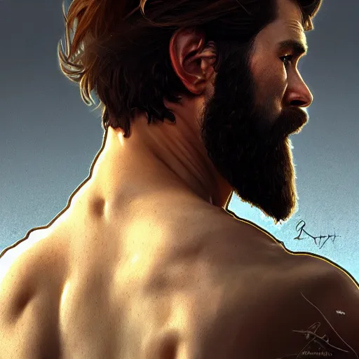 Image similar to back portrait of a rugged ranger, full body, hairy torso, D&D, fantasy, intricate, elegant, highly detailed, digital painting, artstation, concept art, matte, sharp focus, illustration, art by Artgerm and Greg Rutkowski and Alphonse Mucha