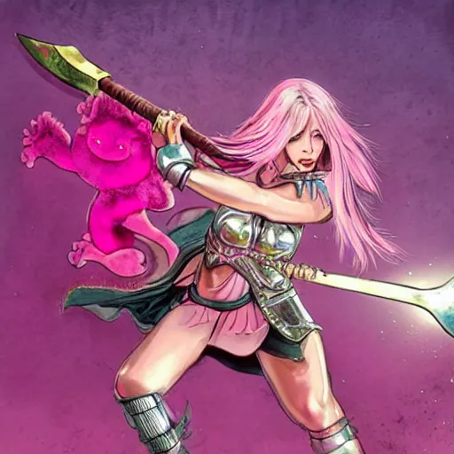 Image similar to pink haired female goddess with a giant metallic battle axe stepping on a small pink pink cat