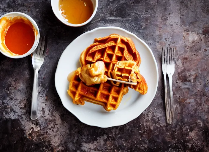 Image similar to dslr food photograph of chicken and waffles drizzled with maple syrup and hot sauce with a side of cole slaw, 8 5 mm f 1. 8