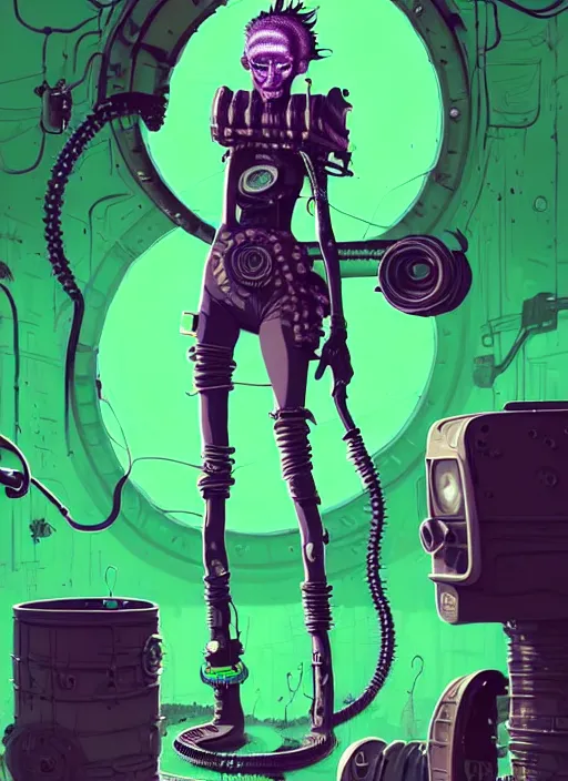 Prompt: highly detailed portrait of an moody wasteland punk long dripping green poison hair tribal lady, stray wirey rubber hoses by atey ghailan, james gilleard, by joe fenton, by greg rutkowski, by greg tocchini, by kaethe butcher, 4 k resolution, gradient purple, brown black and white color scheme!!! ( ( green flaming robotic sewer background ) )