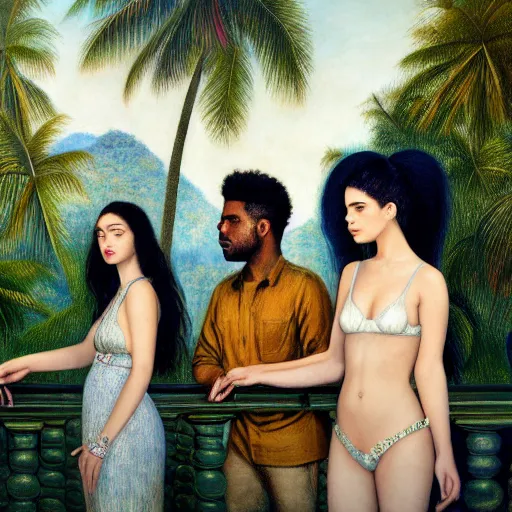 Image similar to a ultradetailed beautiful painting of lorde, frank ocean, the weeknd and lana del rey standing in front of the diamonds waterfall in the amazonas palace balustrade designed by jules bastien - lepage, tarsila do amaral, frank weston and gustave baumann, beach, trending on artstation, mediterranean, palm trees, sharp focus, soft light, 8 k 4 k