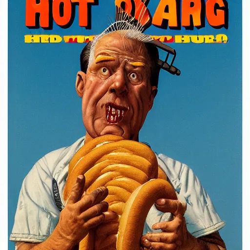 Image similar to hot dog headed man with hard black eyes very scared, rule of thirds, super sharp, 4 k, ultra detailed, norman rockwell, richard corben, epic scope.