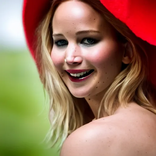 Prompt: jennifer lawrence inside a tomato, dslr 5 0 mm