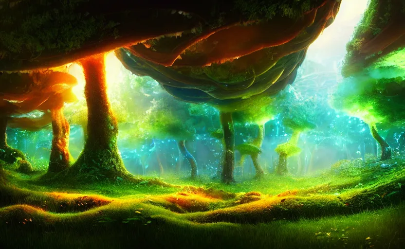 Image similar to a beautiful and stunning professional digital artwork of a glowing mushroom cave, haze, spores floating in the air, vines, water, volumetric lighting, hyperrealistic, rtx on, ultra detail