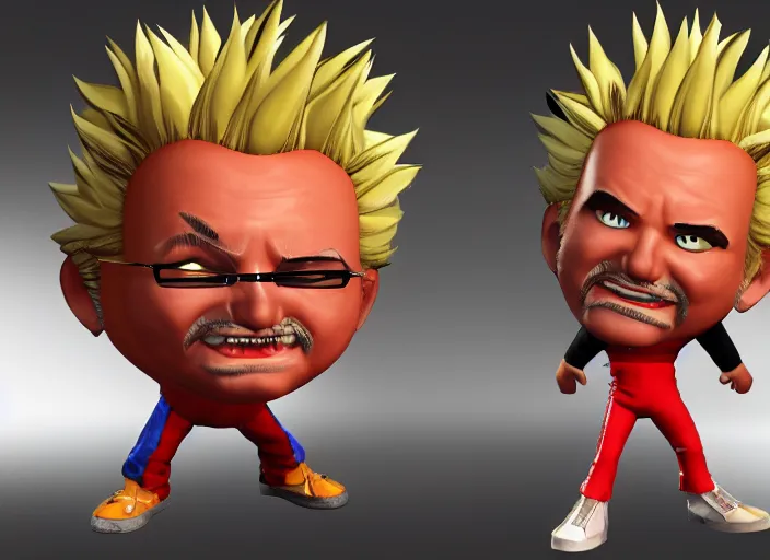 Image similar to 3 d model of guy fieri character in fighting game, stylized 3 d graphics, hdr, ultra graphics, ray tracing, 4 k image