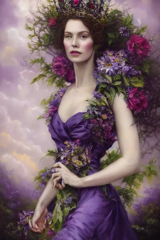 Prompt: closeup portrait fine art photo of the beauty catriona balfe, she has a crown of stunning flowers and dress of purple satin and gemstones, background full of stormy clouds, by peter mohrbacher