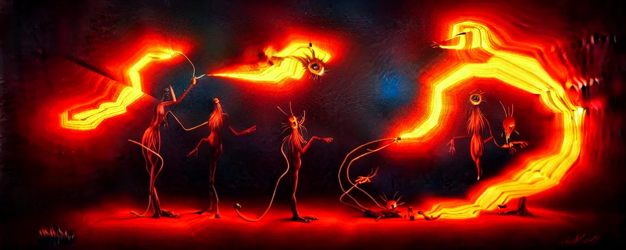 Image similar to whimsical fiery alchemical creatures, surreal dark uncanny painting by ronny khalil