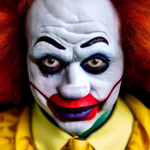 Image similar to An extreme close up photograph of a clown's painted face