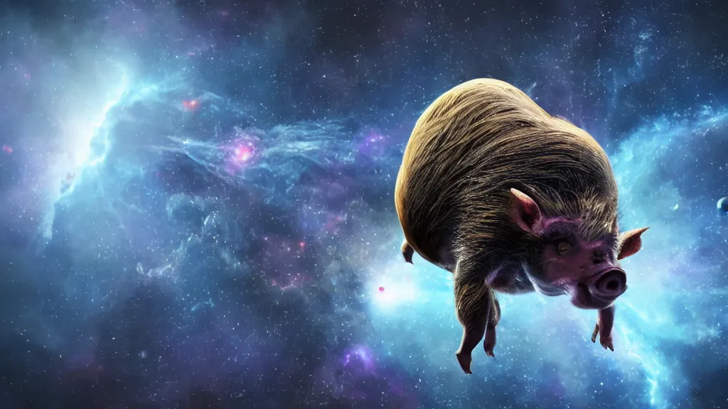 Prompt: spider pig hybrid on a planet. close bottom view. whole body. nebula background. cinematic composition. cinematic lightning. ultra realistic. 8 k. highly detailled. deep space. ultra realistic details. cinematic atmosphere. studio lighting. shadows. dark background.