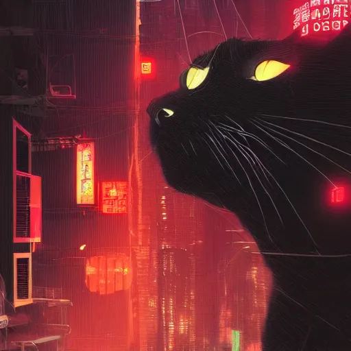 Prompt: a detailed matte painting of a black cat with red led eyes, the cat is in a intricately detailed neo cyberpunk Japanese city, robotic mechanical cat, by Ismail Inceoglu , concept art, featured on cgsociety