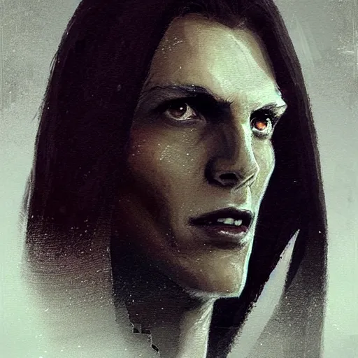 Prompt: portrait of a man by greg rutkowski, sith kinght, he looks like a vampire, long black messy hair, very tall and slender, star wars expanded universe, wearing black robes, he is about 3 0 years old, highly detailed portrait, digital painting, artstation, concept art, smooth, sharp foccus ilustration, artstation hq