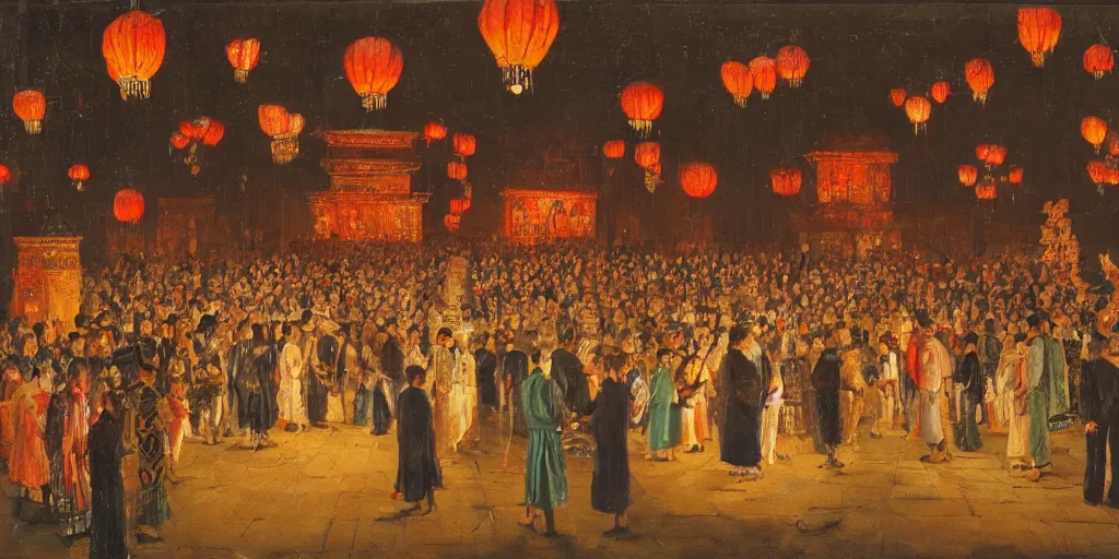 Prompt: night ceremony in the palace, crowd, happy faces, lanterns, detailed, oil - paint