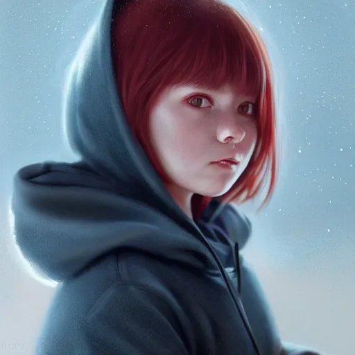 Image similar to a tiny girl with short red hair wearing a hoodie, digital art, cute face, very beautiful face, pretty face, very detailed eyes, full body illustration, 8 k resolution, soft painting, by greg rutkowski, wlop, rossdraws,