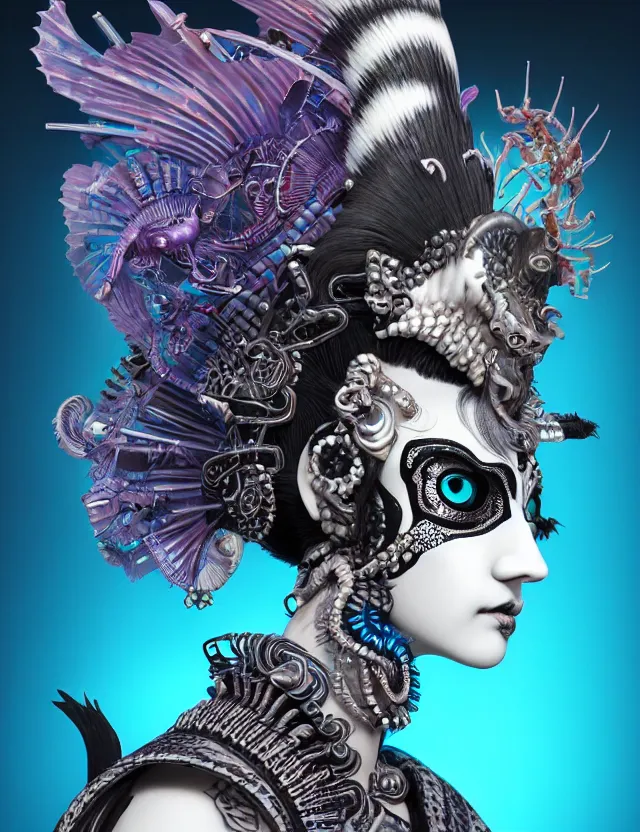 Image similar to 3 d goddess close - up profile portrait punk with mohawk with ram skull. beautiful intricately detailed japanese crow kitsune mask and clasical japanese kimono. betta fish, jellyfish phoenix, bio luminescent, plasma, ice, water, wind, creature, artwork by tooth wu and wlop and beeple and greg rutkowski