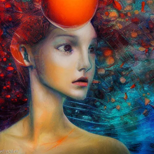 Image similar to rigorous underwater photography, deep depth of field by dorina costras. a sculpture of a young woman holding an orange