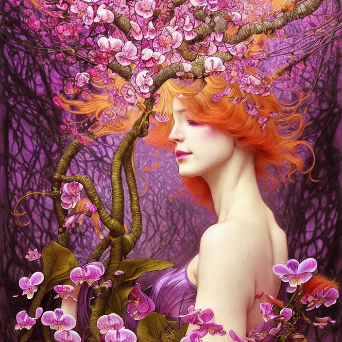 Image similar to psychedelic, orchid, cherry blossom tree, mushrooms, diffuse lighting, fantasy, intricate, elegant, highly detailed, lifelike, photorealistic, digital painting, artstation, illustration, concept art, smooth, sharp focus, art by John Collier and Albert Aublet and Krenz Cushart and Artem Demura and Alphonse Mucha and Giuseppe Arcimboldo