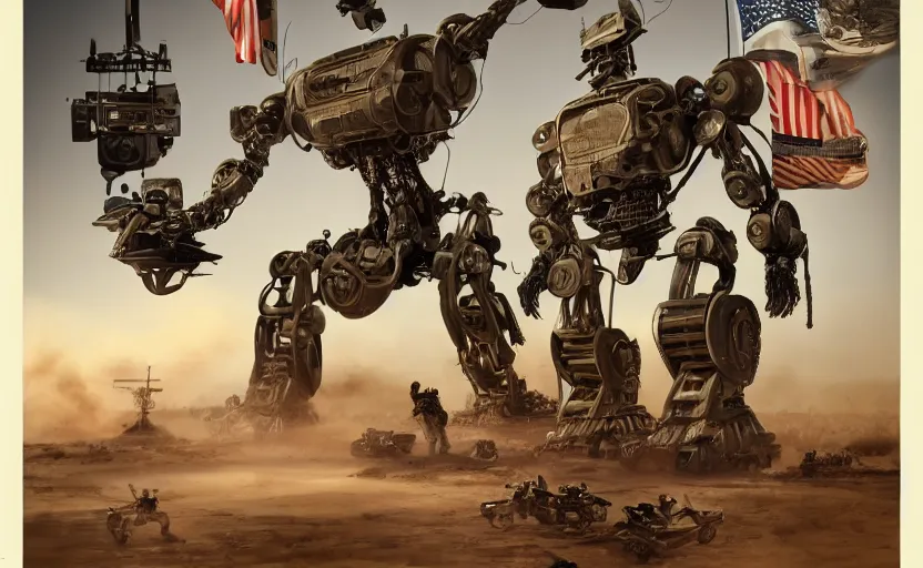 Image similar to american rednecks hail the invasion of gigantic human - like robots created by trump, artstation hq, stylized, symmetry, modeled lighting, expressive, studio photo refined, highly detailed, hyper realistic, top secret photos from military archive