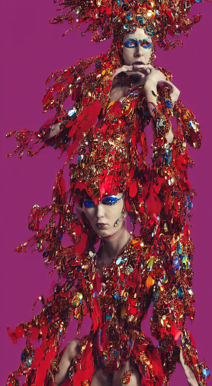 Image similar to a female full - body character design, concept art, wearing psychedelic high fashion, a red sequined bodysuit, beads hanging over her face like an alexander mcqueen headdress, costume by eiko ishioka, haute couture, and a red cape, by moebius, steven outram, colorful and psychedelic, hd, 8 k, artstation, high quality