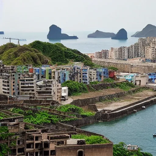 Image similar to View through the streets and upwards of Hashima gradually returning to nature