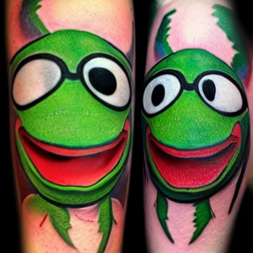 Prompt: tattoo of kermit the frog from sesame street with joker makeup