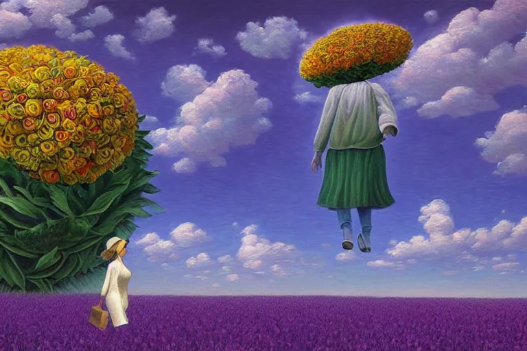 Image similar to giant flower head, woman walking, surreal, clouds in sky, impressionist painting, digital painting, artstation, rob gonsalves