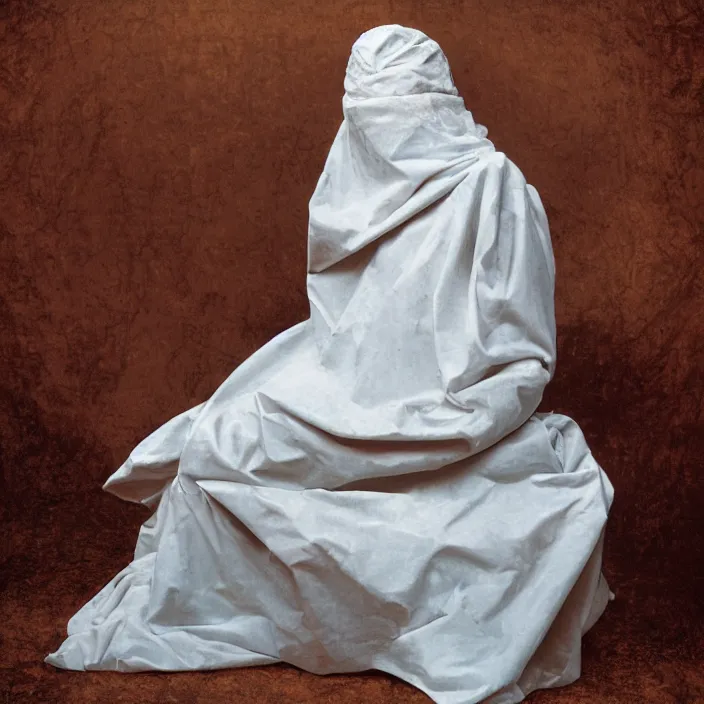 Prompt: a color photograph, closeup portrait of a woman wrapped in foam, sitting in a plastic throne, in cuyahoga valley national park in ohio, color photograph, by vincent desiderio, canon eos c 3 0 0, ƒ 1. 8, 3 5 mm, 8 k, medium - format print