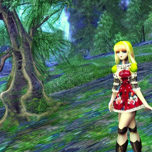 Image similar to cute female forest spirit wearing ornate floral cybernetic hungarian valentino resort dress in a 3 d psx ps 2 jrpg style, fighting fantasy monsters creatures, bright esoteric magical alien meadow ritual environment, fashion gameplay screenshot, highly detailed, atelier, xenogears