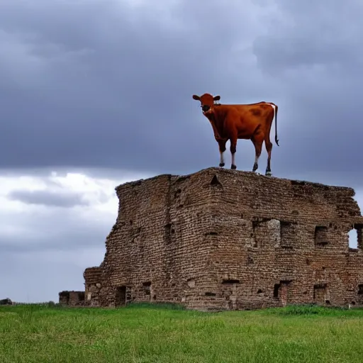 Prompt: a cow standing on top of ancient ruins