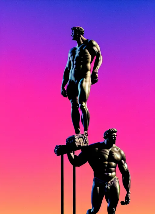 Image similar to statue of hercules, beeple, android jones, liam wong, ( ( ( ( ( dan mumford ) ) ) ) ), vaporwave, retrowave, black background, thin neon lines, black, glitch, strong contrast, cuts, pinterest, trending on artstation