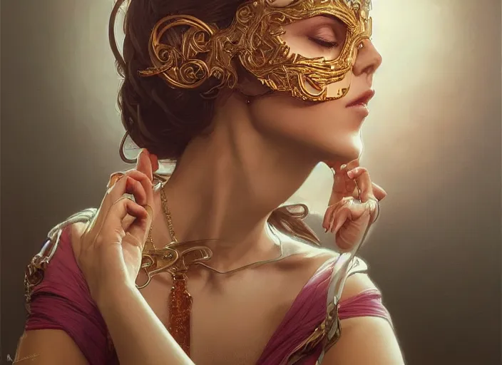 Image similar to masked, perfectly-centered-Portrait of the most beautiful woman on the planet , intricate, highly detailed, artstation, concept art, concept render, octane, redshift, smooth, sharp focus, illustration,award-winning, Unreal Engine 5, 8K, art by artgerm and greg rutkowski and alphonse mucha